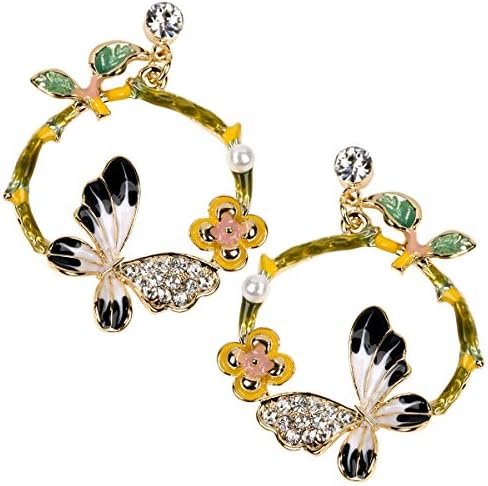 n's Butterfly Wreath Flower Leaves Dangle Earrings - 1-2/5 Inch Long - Lead & Nickle Free - Crystals & Enamel - Ultra Light ( Black )
