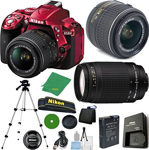 Nikon D5300 Red - International Version (No Warranty), 18-55mm f/3.5-5.6 DX VR, Nikon 70-300mm f/4-5.6G Nikkor, Tripod, 6pc Cleaning Set Nikon D5300 Red - International Version (No Warranty), 18-55mm f/3.5-5.6 DX VR, Nikon 70-300mm f/4-5.6G Nikkor, Tripod, 6pc Cleaning Set