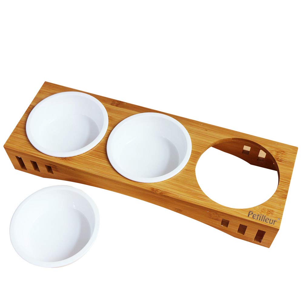 Petilleur Pet Bowls Raised Wooden Stand Pet Dining Table with Ceramic Bowls Cat Bowls with Bamboo Stand for Dogs Cats and Puppy
