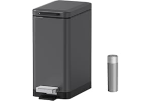 Mbillion Bathroom Trash Can with Lid Slim Stainless Steel Small Bathroom Garbage Can 10 Liter, 2.6 Gallon Soft Close, Step Pedal, Slim Wastebasket for Toilet, Office, Bedroom,Dark Grey