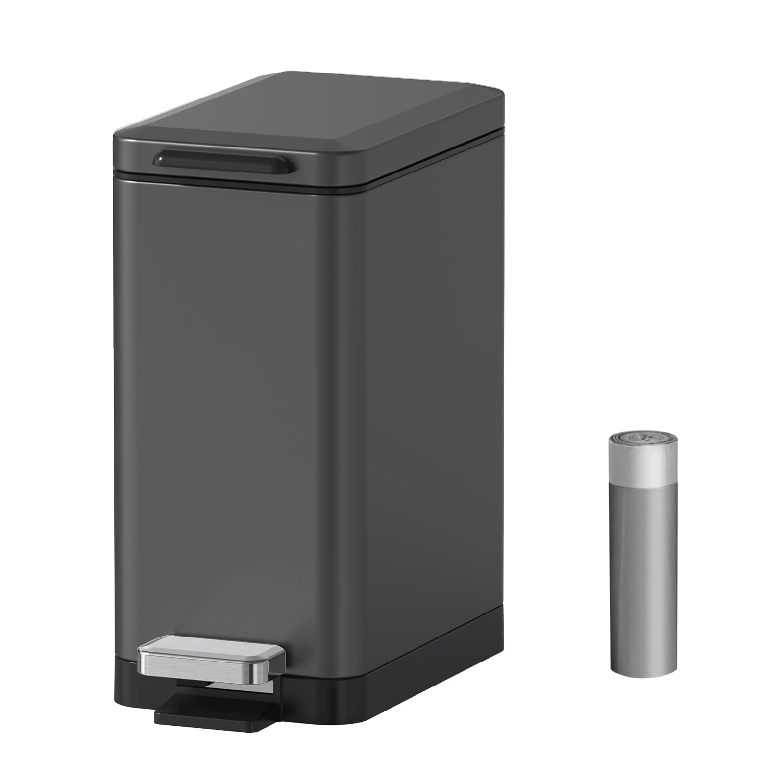 Photo 1 of Mbillion Bathroom Trash Can with Lid Slim Stainless Steel Small Bathroom Garbage Can 10 Liter, 2.6 Gallon Soft Close, Step Pedal, Slim Wastebasket for Toilet, Office, Bedroom,Dark Grey