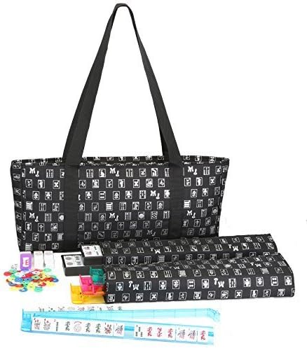 Mah Jongg Full Set Black Designer Logo Soft Case with 166 White Tiles and Four Color Pusher Racks