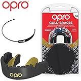 OPRO Gold Level Mouthguard for Braces + Strap | Gum Shield for Football, Lacrosse, and Other Contact Sports - 18 Month Dental Warranty (Ages 7+) (Black/Gold)