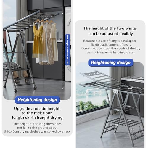 Movable Drying Rack, 3 Tier Large Laundry Clothes Drying, منشر غسيل قابل للطي,Clothes Drying Rack Foldable with 4 Castors & Shoe Holder, Height-Adjustable Wings, for Indoor Outdoor - 170cm