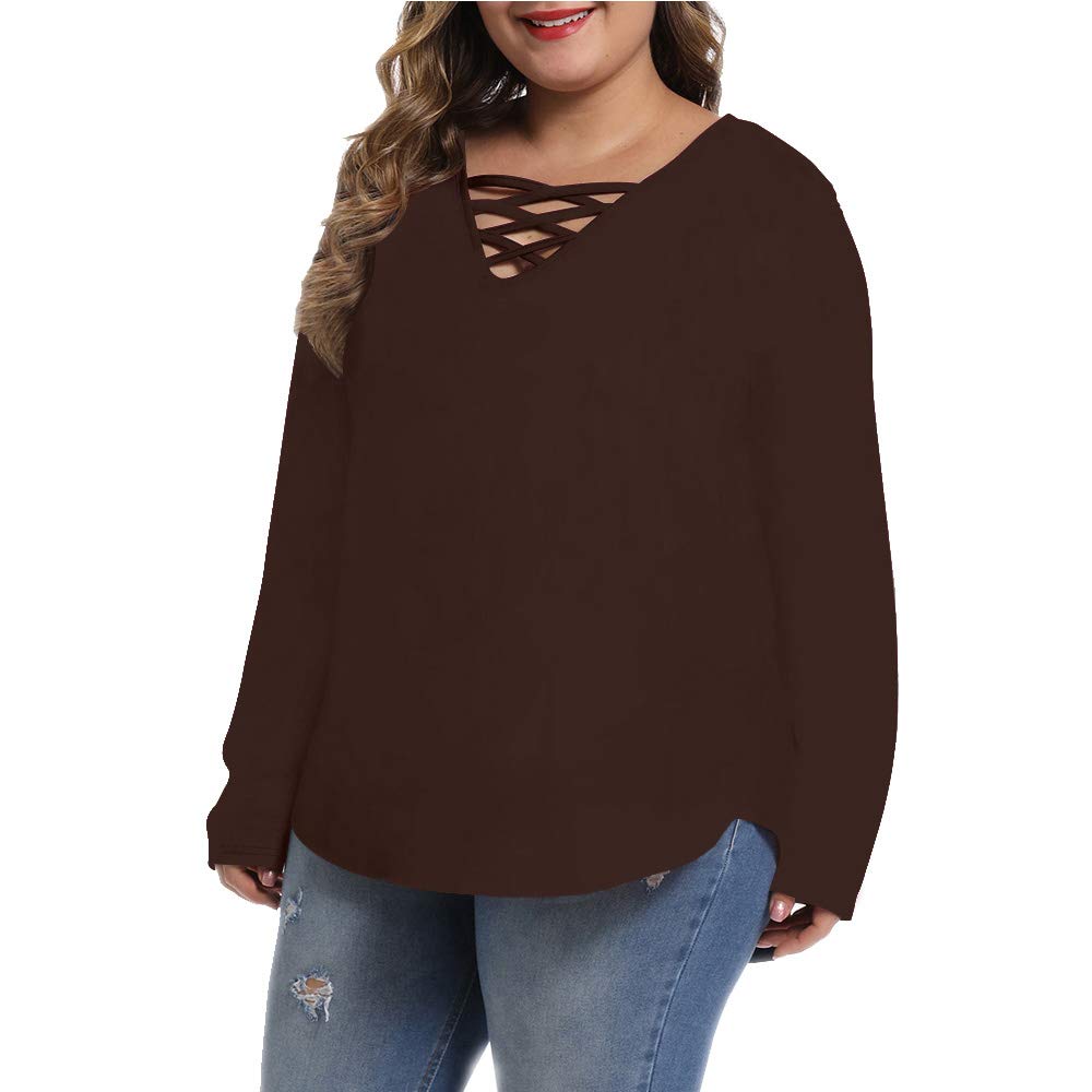 caidyny Womens Plus-Size Sexy V-Neck Tops, Causal Long Sleeve Soild Color Tunic Shirts(Dark Brown, 3XL)