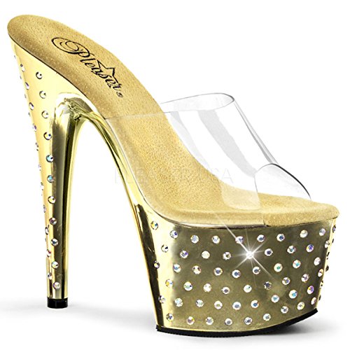 Pleaser Stardust-701 Adult Women's, 7" Heel Slip On Platform Sandal. Clear/Gold/Chrome-Size 6