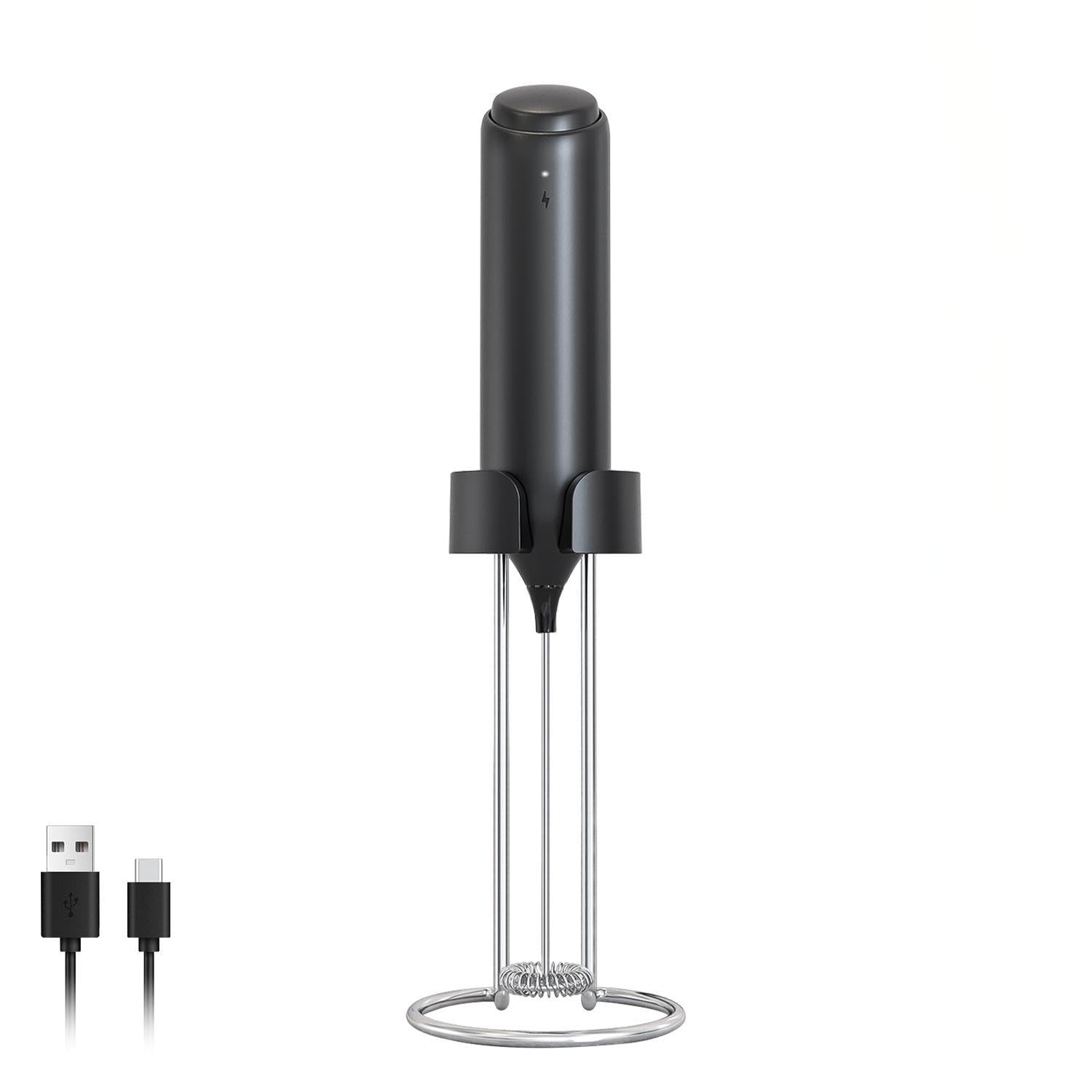 ELMWAY Rechargeable Milk Frother – Handheld Electric Whisk for Coffee, Latte & Matcha, Ergonomic Grip with Charging Stand or Wall Mount Holder – Black