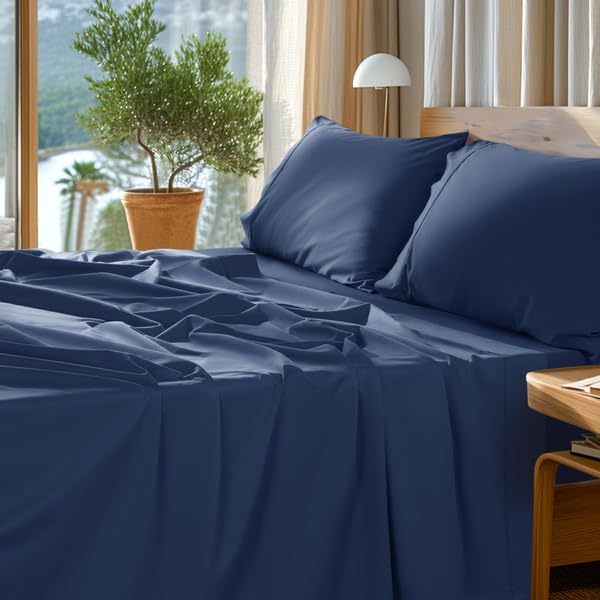 Photo 1 of SONORO KATE 100% Egyptian Cotton Sheets Set - 1000 High Thread Count, Luxury 5-Star Hotel Sateen Bed Sheets, Soft, Breathable Long Staple Sheets, Fit up to 16" - 4 PC (Navy Blue,King)