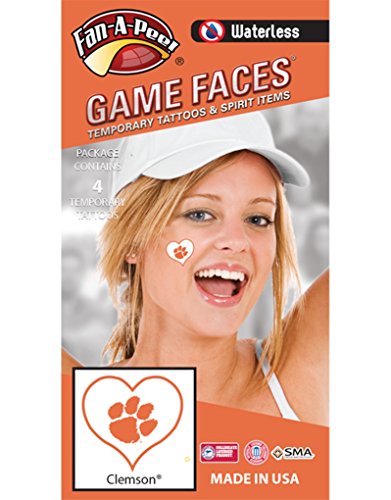Clemson University Tigers â€“ Waterless Peel & Stick Temporary Spirit Tattoos â€“ 4-Piece â€“ Orange Tiger Paw Print Logo in Heart