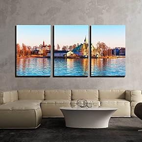 3 Piece Canvas Wall Art - Scenic Spring Evening Sea Sunset in The Harbor of The Old Town of Helsinki, Finland - Modern Home Art Stretched and Framed Ready to Hang - 16"x24"x3 Panels