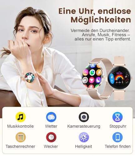 ESFOE Reloj Inteligente Mujer,1.43" AMOLED Smartwatch Mujer con Llamadas/24H Sueño/Pulsómetro/SpO2,Función Femenina 120 Modos Deportivos IP68 Pulsera Actividad Calorías Podómetro Android iOS Oro Rosa