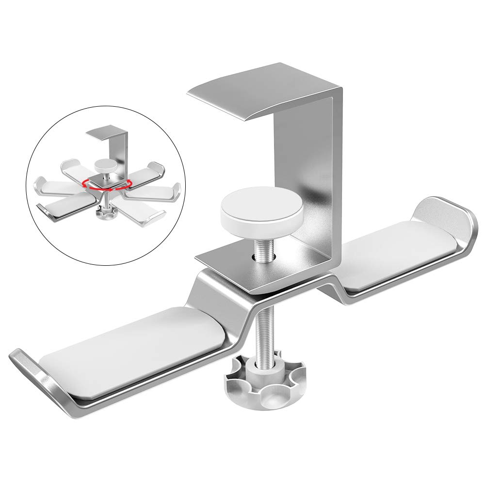 Dual Headphone Stand Hanger Under Desk, APPHOME 360 Degree Rotating PC Gaming Headset Holder Aluminum Clamp Hook Space Save Mount, Universal Fit All Headphones, Silver
