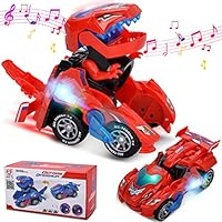 Villana Transforming Dinosaur Toys, Transforming Dinosaur Car with LED Light and Music Automatic Transform Dino Car for 2+ Year Old Kids Christmas Birthday Gifts (Red)