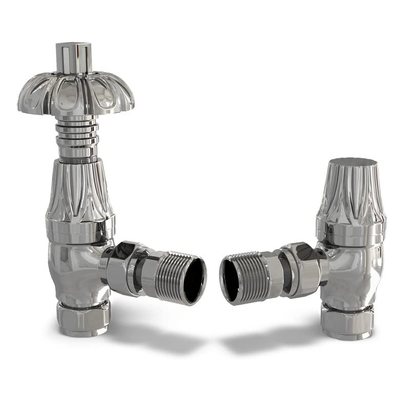 UK Radiators Chrome Thermostatic Radiator Valve and Angled Lockshield Valve - Polished Chrome Finish - Traditional Design 1/2" x 15mm Metal Head