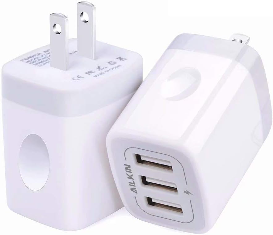 USB Wall Charger(2Pack), Ailkin 3.1A/3-Port Quick Charging Adapter, USB Plug Cube Box Block Base Replacement for Phone X/8/7, Pad, Samsung, Vivo, LG, Google Nexus and More USB Charging Phone