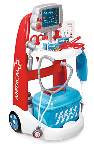 Smoby Roleplay Doctor Playset Cart with 16 Accessories and Alarm Sounds, 22-Inch, Red Playset