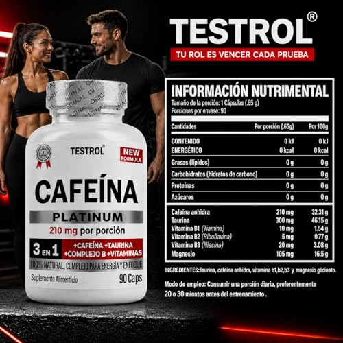 Cafeína Platinum 210mg | Fórmula con Taurina, Magnesio y Complejo B | Preentreno | Energía y Enfoque | Cafeina capsulas Testrol | 90 Cápsulas