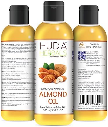 Huda Herbals Sweet Almond Oil for Hair and Skin 100% Pure and Cold Pressed Hexane Free Skin Moisturizer Nails Therapeutic Massage Carrier Oil 100 ML