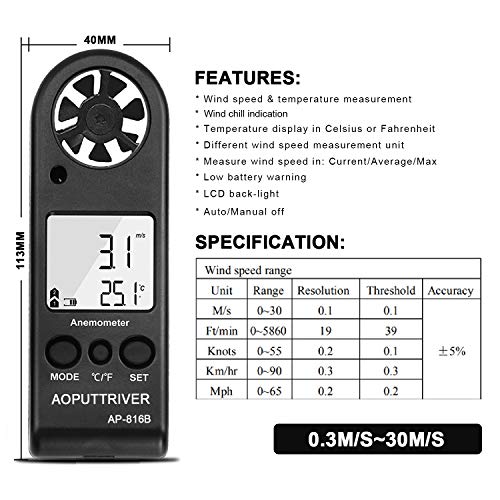 Digital Anemometer Handheld Wind Speed Meter for Measuring Wind Speed, Temperature and Max/Average/Current, High Precision, Measuring for Windsurfing Sailing Fishing Outdoor Activities-AP-816B(Black)