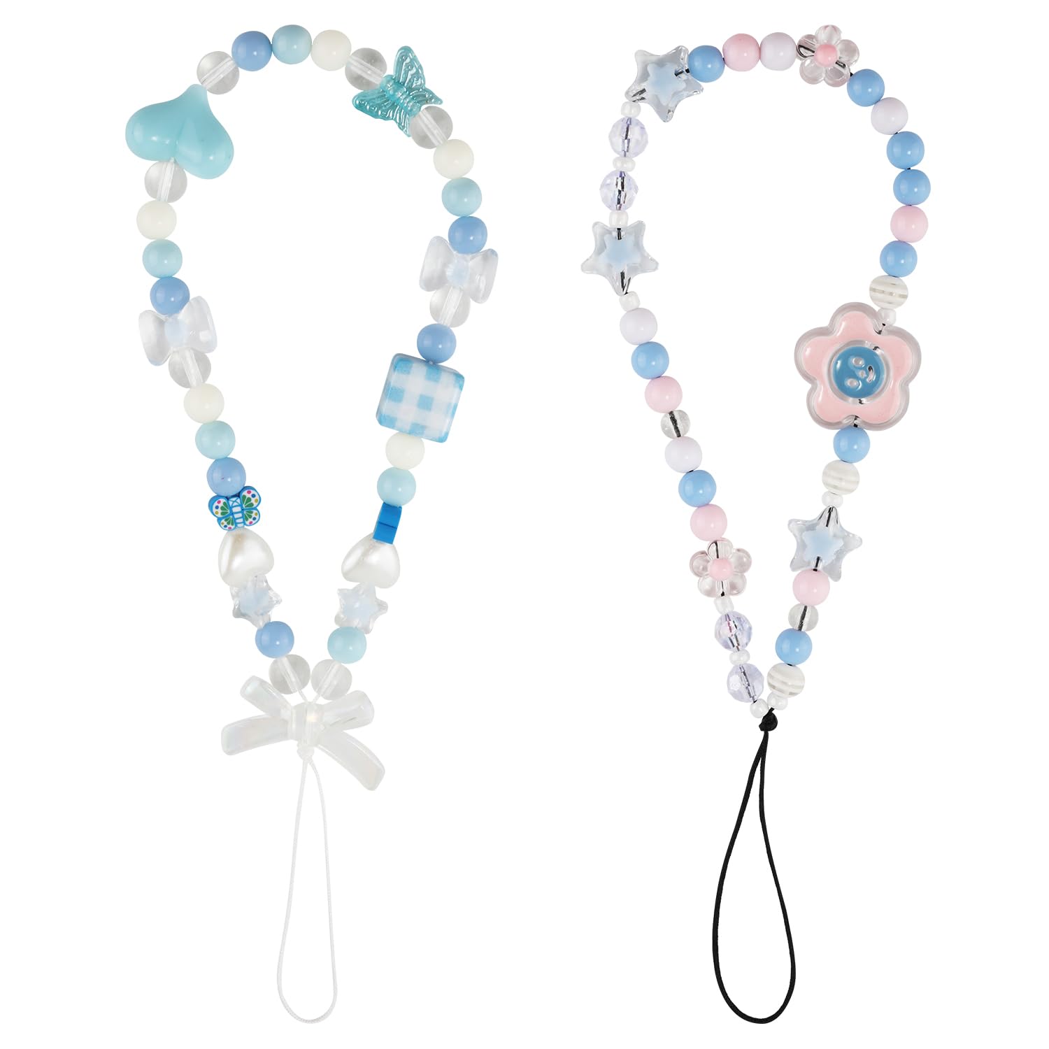 2pcs Cute Floral Beaded Phone Charms - Blue, Butterfly, Flower Phone Chain Cellphone Wrist Straps for Girls