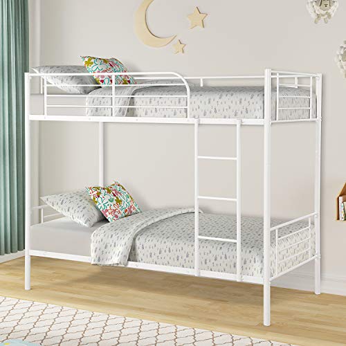 Twin Over Twin Metal Bunk Beds, Rockjame Space Saving Design Sleeping Bedroom Bunk Bed with Ladder and Safety Rail for Boys, Girls, Kids, Young Teens and Adults (White)