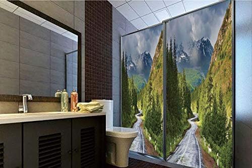 Horrisophie dodo 3D Privacy Window Film No Glue,Woodland Decor,Mountain Landscape with Road Cloudy Sky Pine Trees Forest Summer Rainy Day Scene,Green Gray Brown,47.24" H x 23.62" W for Home&Office