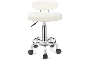 FNZIR Square Rolling Stools with Backrest Height Adjustable Swivel Stool with Wheels White
