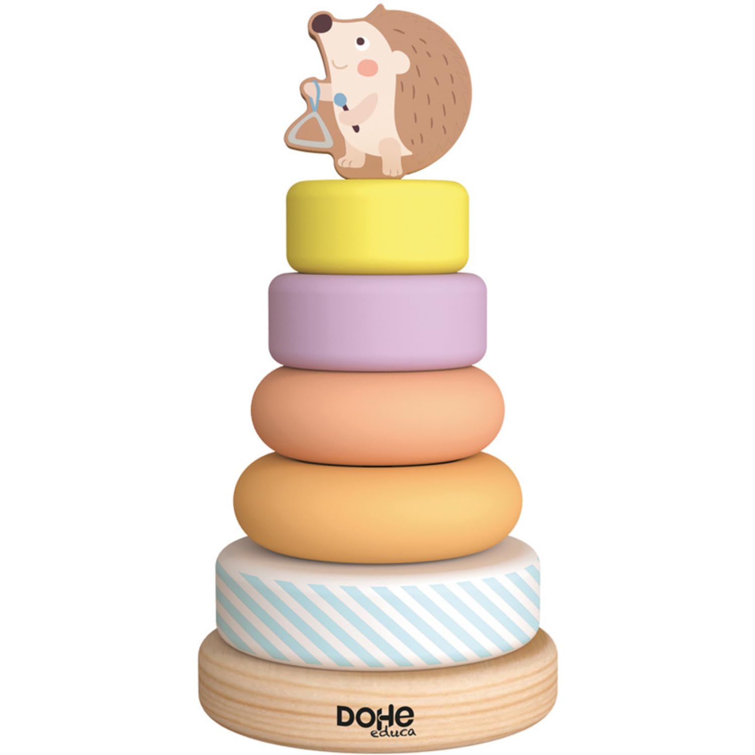 DOHE Educa – Stackable Wooden Baby Hoops – 5 Coloured Rings and Base, Funny Hedgehog for the Top, Children's and Educational Material