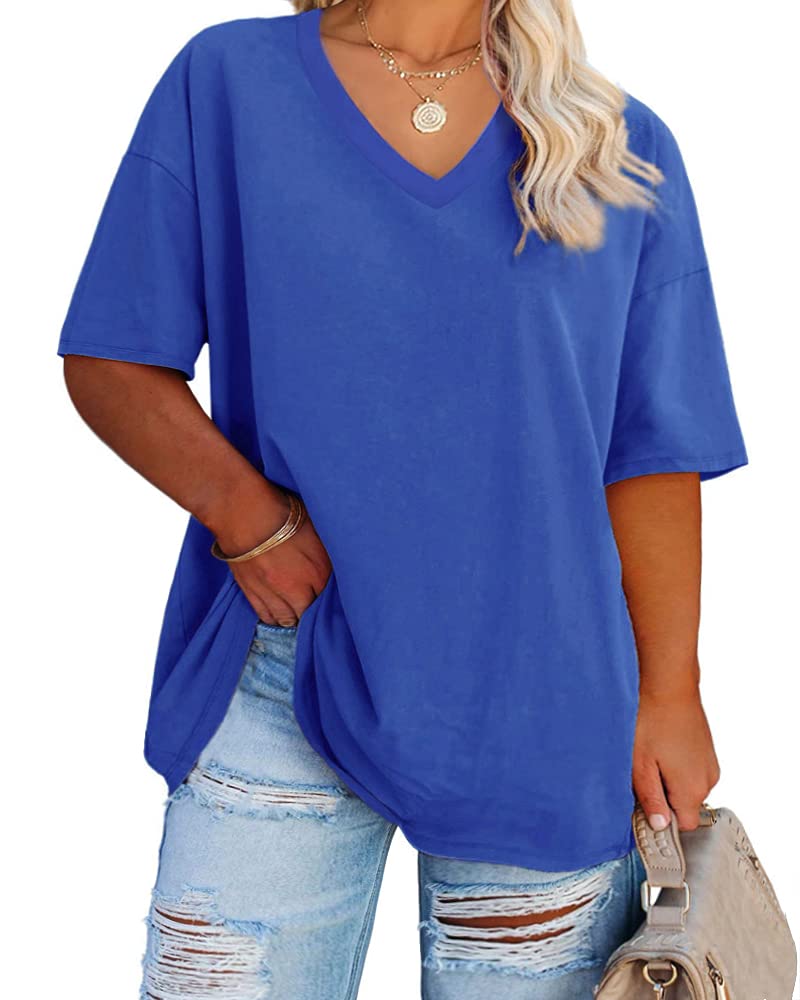 Photo 1 of Women's Plus Size V Neck T Shirts Summer Half Sleeve Tees Casual Loose Fit Cotton Tunic Tops Blue