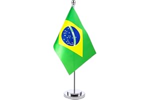 ACCULESS Brazilian Table Flag Desk Flag of Brazil With 30CM Stainless Steel Stand Base Desktop Flags Veteran Office Home Bar International Conference Brazilian Theme Party Holiday Decorations