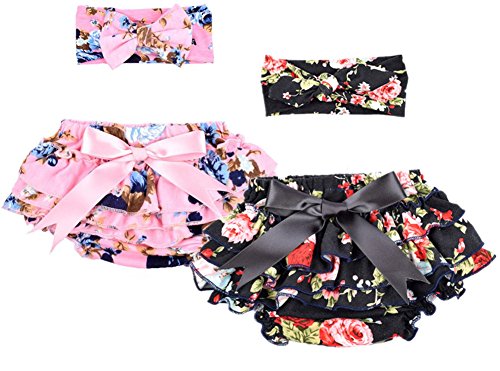 QandSweet Baby Girl Stretchy Bloomers with headband Summer Diaper Covers 2 Sets 0-6M