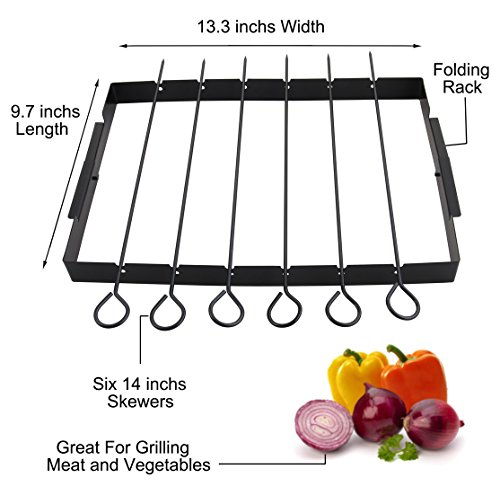 POLIGO Heavy Duty Barbecue Skewer Shish Kabob Set, 14â€ Stainless Steel Shish Kabob Skewers and Foldable Grill Rack - Great for Charcoal, Electric or Gas Grill (Set of 6 Skewers + Grill Rack)