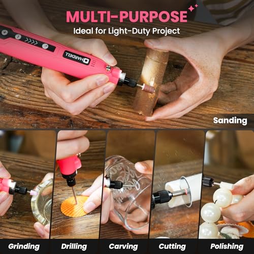 HARDELL Mini Cordless Rotary Tool, 5-Speed 3.7V Rechargeable Rotary Tool Kit with 69 Accessories, USB Charging Multi-Purpose DIY Tool for Sanding, Polishing, Drilling, Engraving(Pink 69pcs)