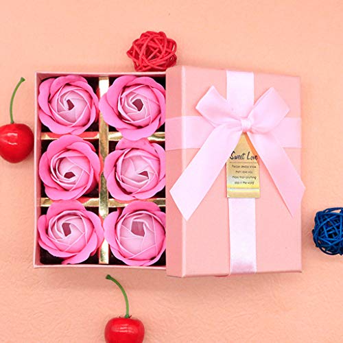 6Pcs Rose Petal Soaps Scented + Favor Gift Boxes for Valentine Wedding Birthday Gifts Party Decorations Supplies (Pink)
