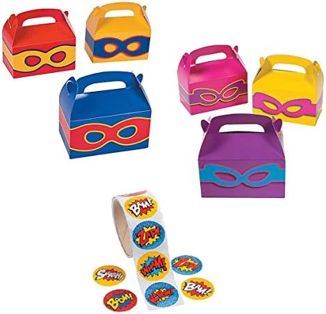24 - Superhero Boys and Girls Party Favors Treat Boxes with Superhero Stickers Theme Birthday Set