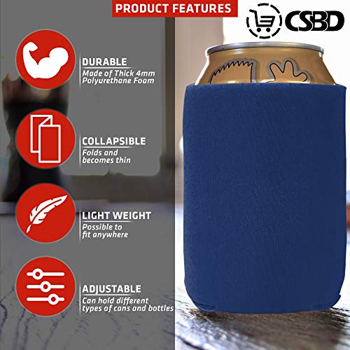 CSBD Beer Can Coolers Sleeves, Soft Insulated Reusable Drink Caddies for Water Bottles or Soda, Collapsible Blank DIY Customizable for Parties, Events or Weddings, Bulk (50, Blue)