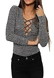 Simplee Apparel Women's Elastic Lace up Cross Slim V Neck Knitted Bodycon Tops