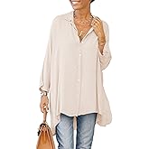 Aoysky Womens Oversized T Shirts Button Down Long Sleeve Shirt V Neck Collar Loose Flowy Blouse