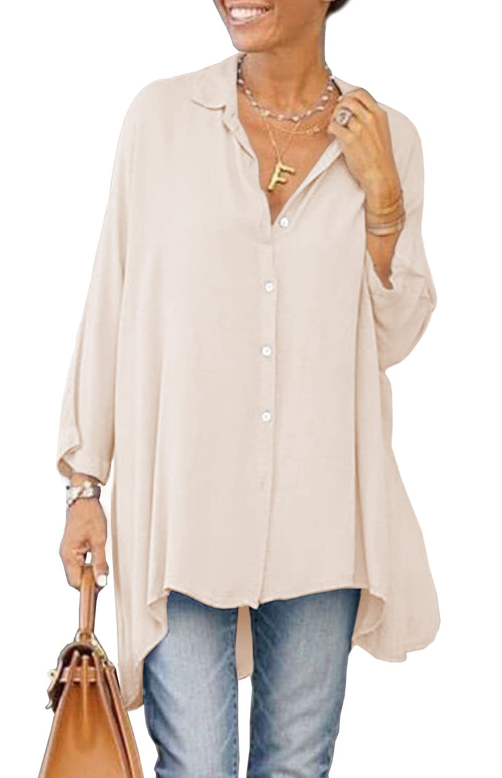 Photo 1 of ***Missing button's***Aoysky Womens Oversized T Shirts Button Down Long Sleeve Shirt V Neck Collar Loose Flowy Blouse Beige