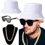 ZeroShop 80s/90s Hip-Hop Costume Kit - Cotton Bucket Hat,Gold Chain Beads,Oversized Rectangular Hip Hop Nerdy Lens Sunglasses (OneSize, White)