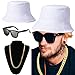 ZeroShop 80s/90s Hip-Hop Costume Kit - Cotton Bucket Hat,Gold Chain Beads,Oversized Rectangular Hip Hop Nerdy Lens Sunglasses (OneSize, White)