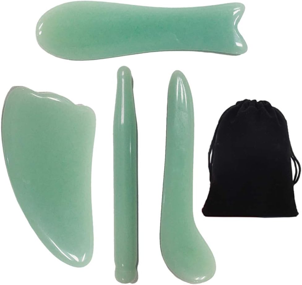 Gua Sha Massage Tools Set, 4 Pcs Gua Sha Facial Scraping Massage Tools, Ultra Smooth Edge Jade for SPA Acupuncture Therapy Trigger Point Treatment byHaigemin
