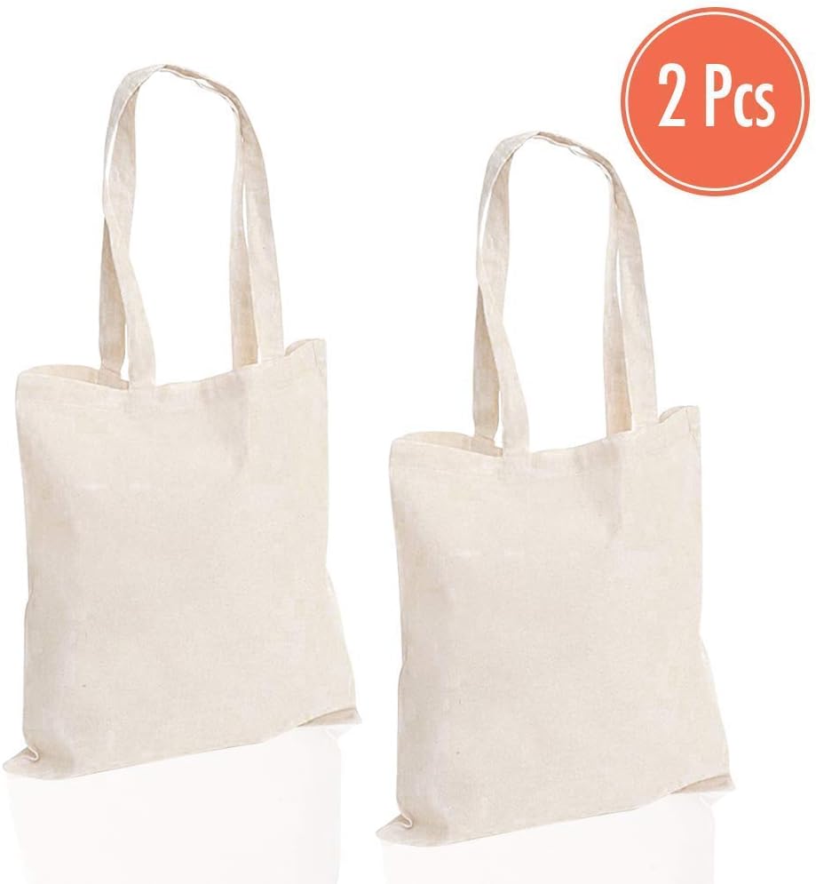 2 Pack Canvas Bag, Heavy Duty 14.6" x 16.5" Canvas Tote Bag with Long Durable Handle, Eco Friendly Washable Reusable Craft Canvas Bags for Crafting School Promotional Items Shopping Decorating
