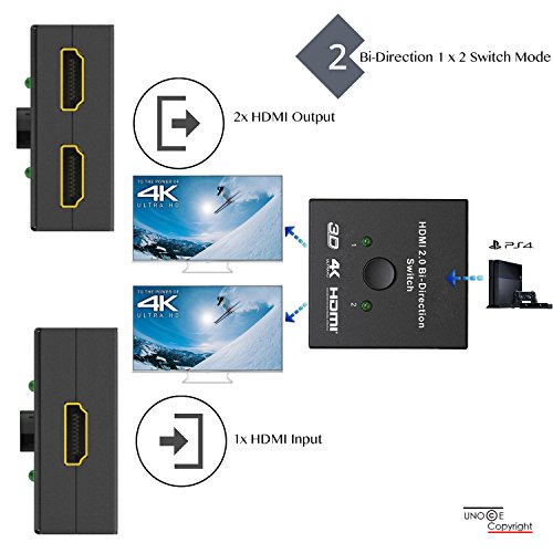 UNOOE HDMI 2.0 Switch 2 Ports Bi-direction Manual Switch 2x1 with Audio Output or HDMI AB Switch 1080p 4K 3D Support for HDTV,DVD,Blu-ray player,PS3,PS4,Xbox,Roku,Fire TV Stick,DVR,Projector,PC