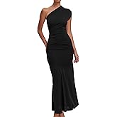 Memoriesea Women's Elegant One Shoulder Sleeveless Ruched Bodycon Cocktail Party Midi Dress