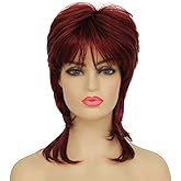 Dai Cloud Short Wine Red Mullet Wig for Women 80s Shaggy Layered Pixie Cut Wigs With Bangs Curly Synthetic Hair Replacement Wigs for White Women Daily Party Cosplay Costume Use