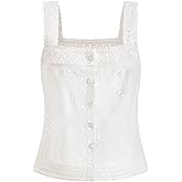 winkbay Women's Summer Lace Eyelet Embroidery Blouse Cute Button Down Square Neck Dressy Casual Tank Tops