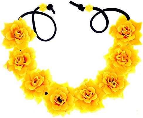 Isooak Rose Flowers Headband &amp; Bracelet Crown for Holiday Party Festival (yellow)