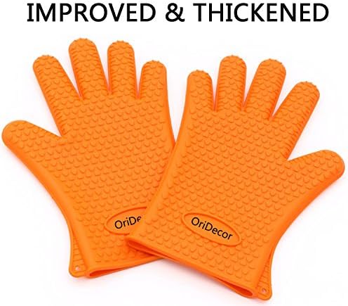 Improved Thickened Silicone Gloves [ 1 PAIR ] OriDecor Food Grade Heat Resistant BBQ Silicone Gloves with Non Slip Rubber for Grill Cooking Baking Barbecue Potholder, Orange Color