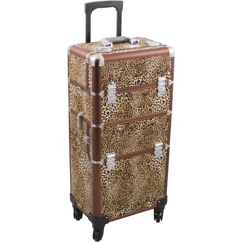 Hiker HK6501 4-Wheel 2-in-1 Rolling Makeup Case with Easy-Slide and Extendable Trays, Includes Removable Tray and Extra Lid, 31-Inch, Leopard Texture